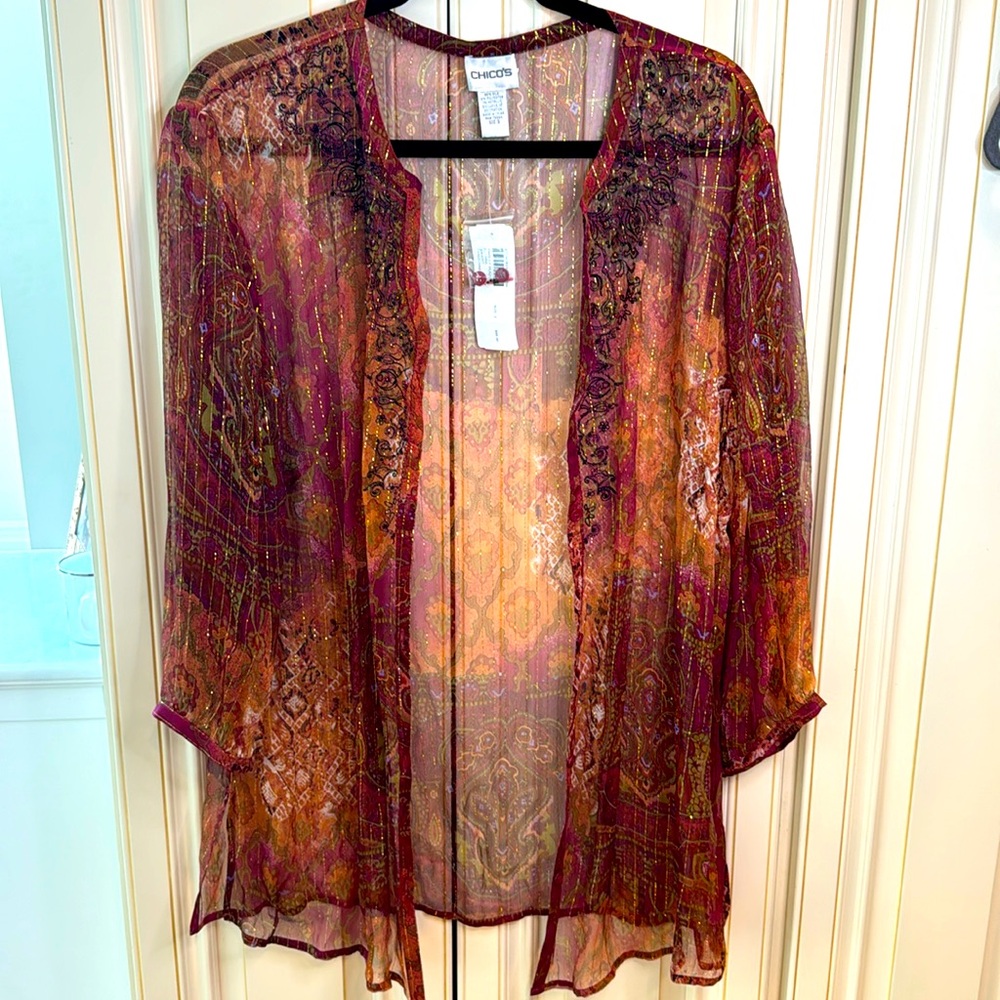 BNWT Chico’s silk paisley blaze Edwina shirt Tangerine Dream open front blouse